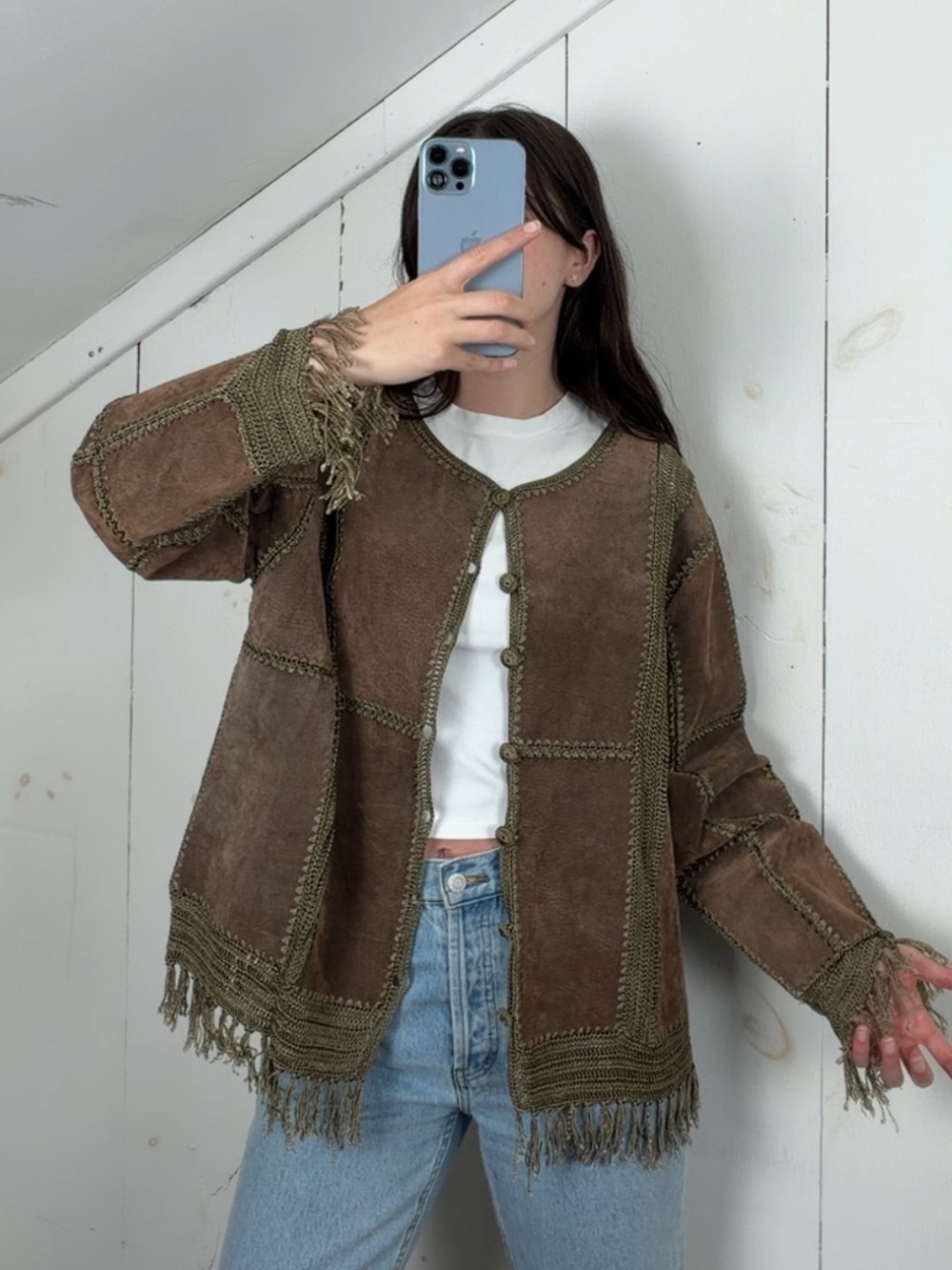 Vintage Brown Suede Leather Crochet Patchwork Jacket Women’s XL 14 Fringe Trim